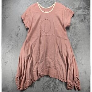 Tina Givens Linen Dress Blush Boho Lagenlook Pockets Lantern Hem Patch Small